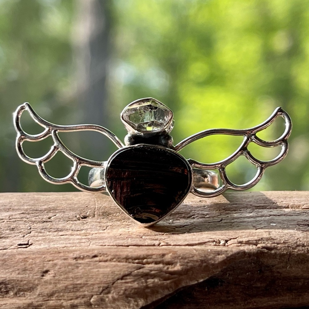 Genuine Elite Shungite & Herkimer Diamond Angel Wings Ring | Sz 9